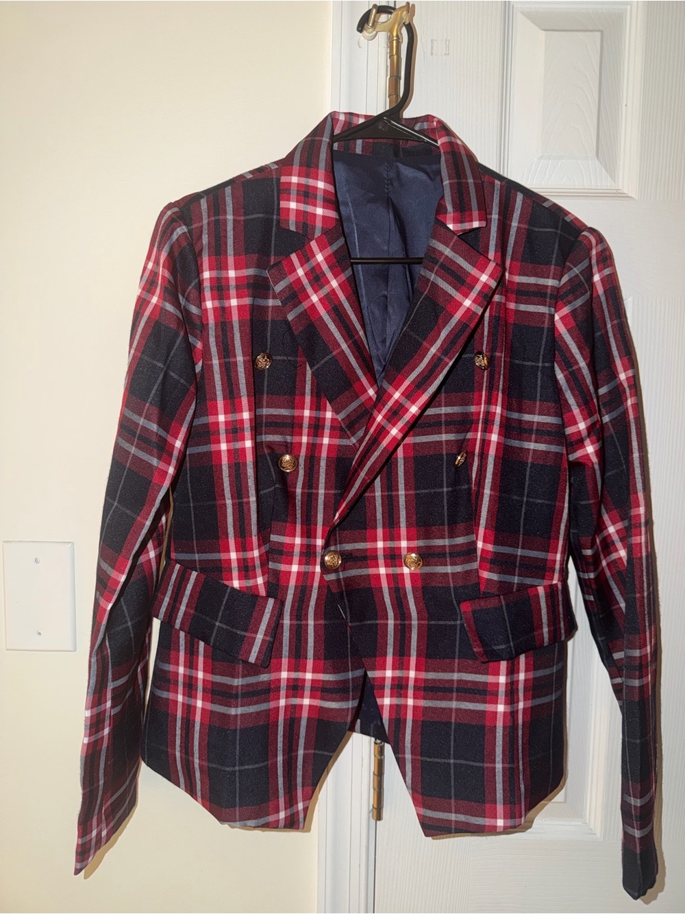 blue and red plaid blazer